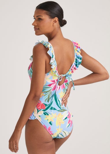 Blue Tropical Floral Frill Swimsuit