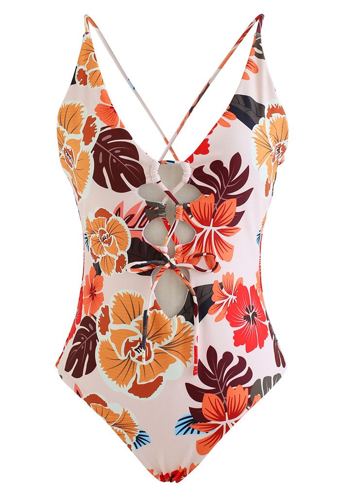 Blooming Floral Front & Back Lace Up Swimsuit