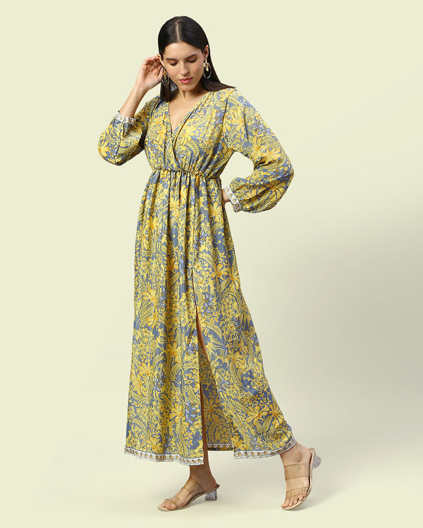 VintageClothing Women's Floral Maxi Dress - Boho Beach Dress With Sleeves (Light Yellow, Small)