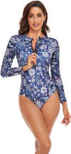 UV Sun Protection Blue Flower Print Long Sleeve Zipper Swimsuit