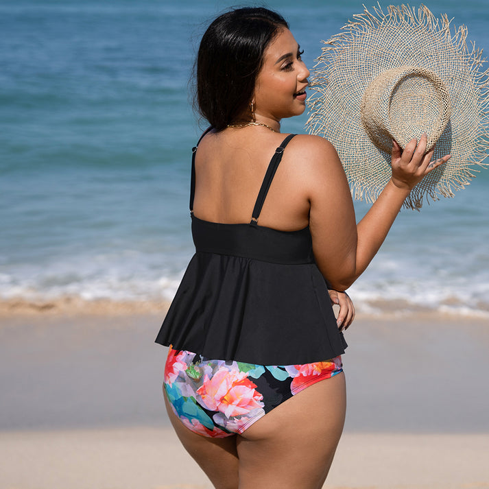 Plus Size Floral Print Tankini Set with Spaghetti Straps