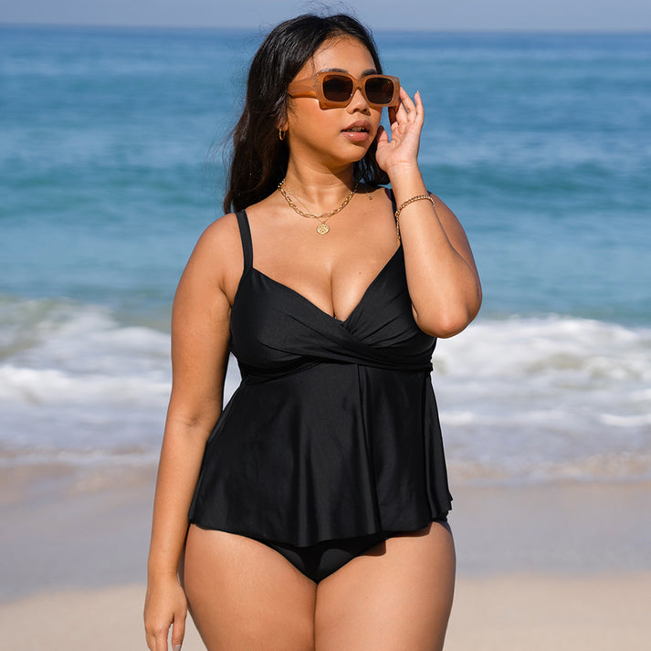 High Waisted Ruffle Wrap Tankini - Plus Size