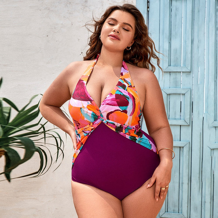 Artistic Flowers Twist Front Tummy Control Plus Size One Piece