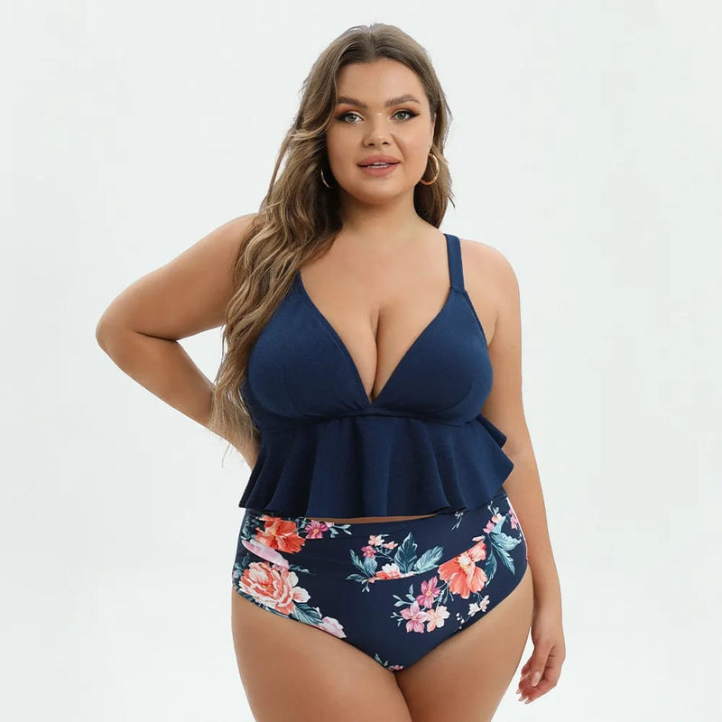 Floral Ruffle Plus Size High Waist Bikini Set