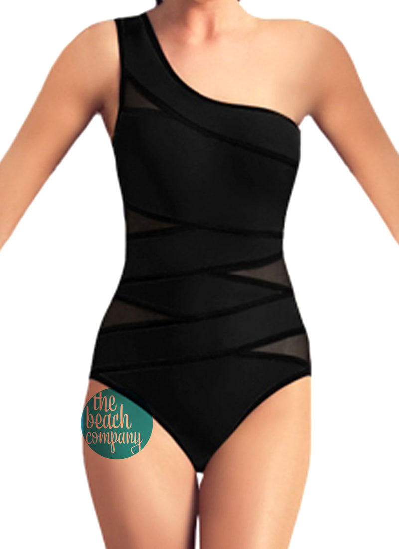 The beach company India - Black swimsuit - Mesh cut swimsuit - one shoulder Monokini - sexy black swimwear - classic black swimsuit - padded swimsuit - black monokini - night swimsuit - party swimwear- nikkibeach swimwear - affordable swimwear - removable cups swimwear 