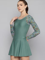 Plus Size Khaki Printed Long Sleeve Swimdress