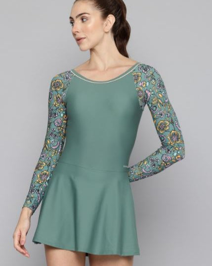 Plus Size Khaki Printed Long Sleeve Swimdress