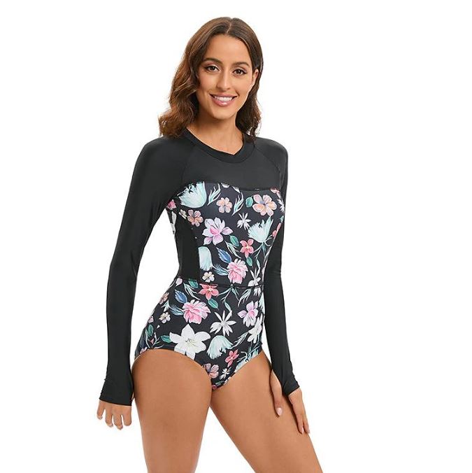 Coral Flower Back Zip UV Sun Protection Long-Sleeve One-Piece