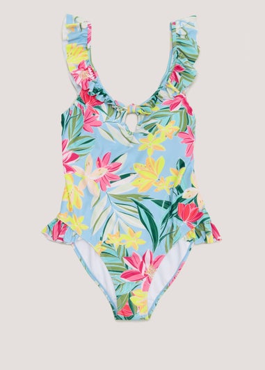 Blue Tropical Floral Frill Swimsuit