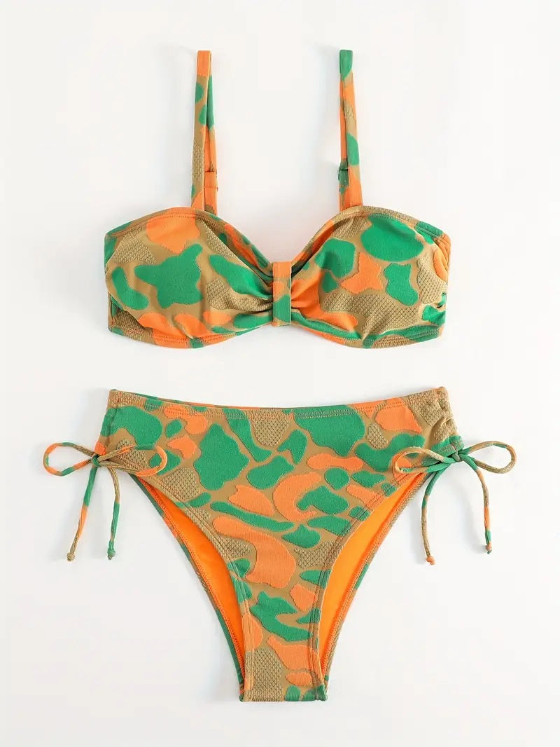 Green and orange camouflage bikini set 