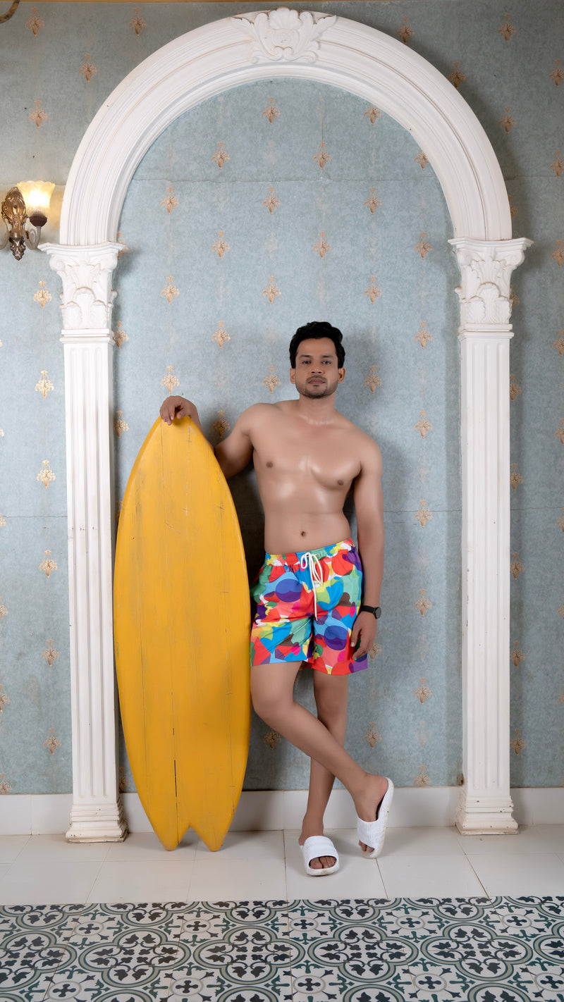 Red Geometric Patterned Men Board Shorts