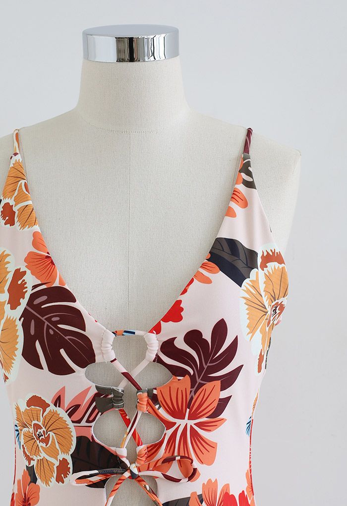 Floral Lace Up Swimsuit