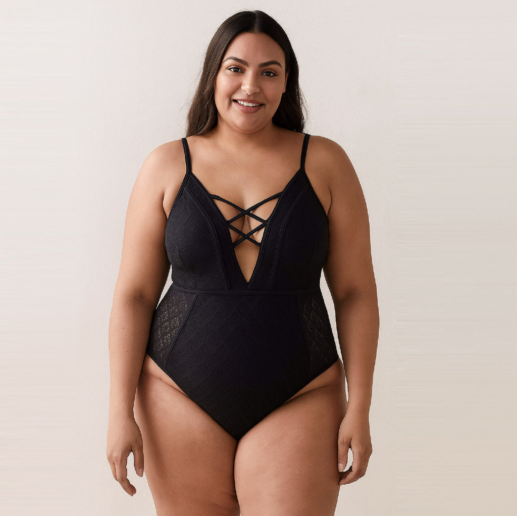 Plus Size Black Lace One Piece Bathing Suit Lace Cutout Tie Back