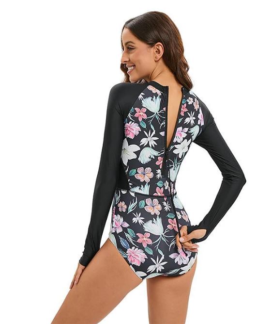 Coral Flower Back Zip UV Sun Protection Long-Sleeve One-Piece