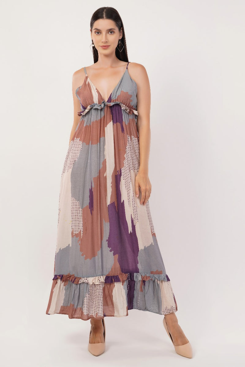 Abstract Long Ruffled Tiered Dress