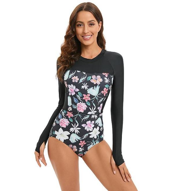 Coral Flower Back Zip UV Sun Protection Long-Sleeve One-Piece