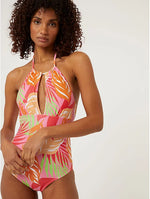 Bright Palm Leaf Halter Neck Swimsuit