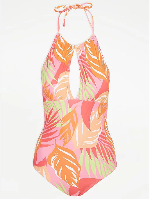 Bright Palm Leaf Halter Neck Swimsuit