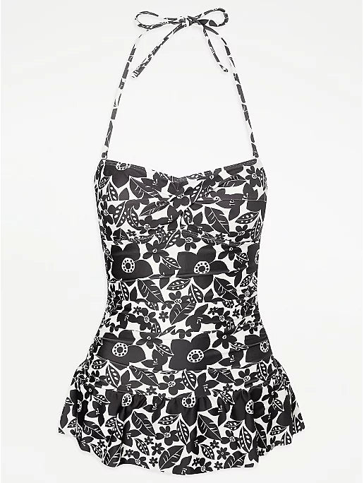Black Floral Skirted Swimsuit