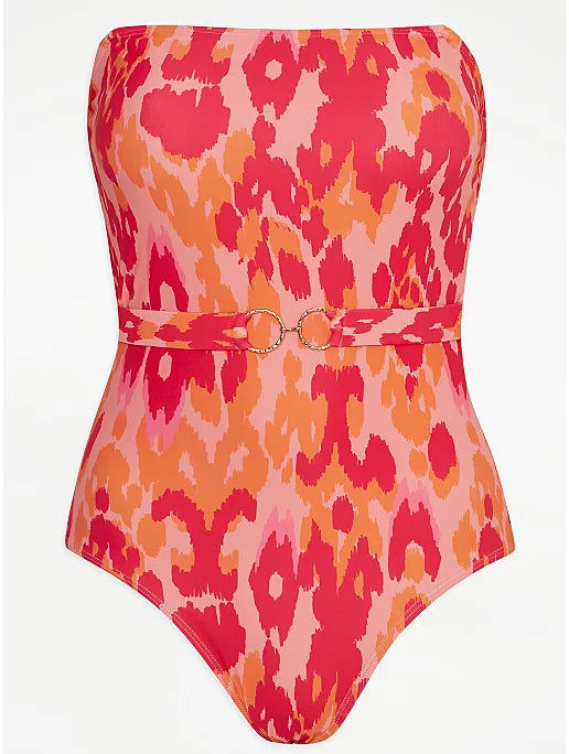 Orange Printed Bandeau Swimsuit