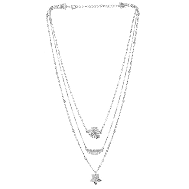 Hawaii Tropical Flora Multi-Layered Silver Necklace