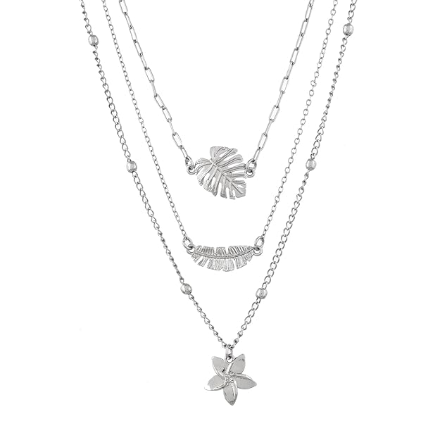 Hawaii Tropical Flora Multi-Layered Silver Necklace