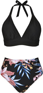 Black Floral Halter High Waist Bikini Set