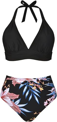 Black Floral Plus Size Halter High Waist Bikini Set