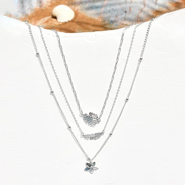 Hawaii Tropical Flora Multi-Layered Silver Necklace