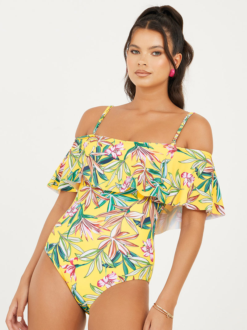 Tropical Floral Print Bardot Swimsuit