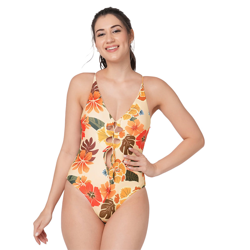 Floral Lace Up Swimsuit