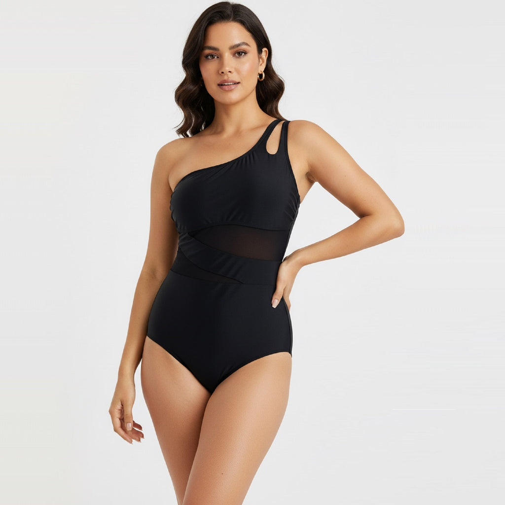 Woman wearing a black one-shoulder swimsuit 