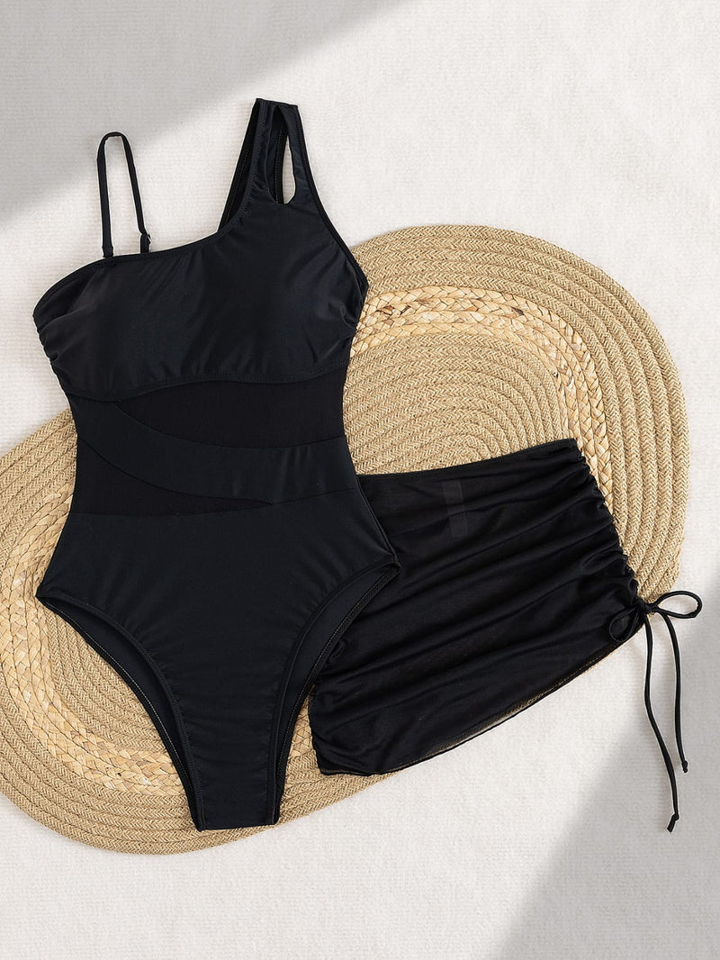 Keyhole Mesh Swimsuit with Detachable Skirt