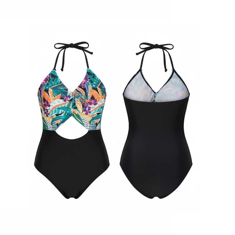 Halter Cut Out Floral Plus Size One Piece