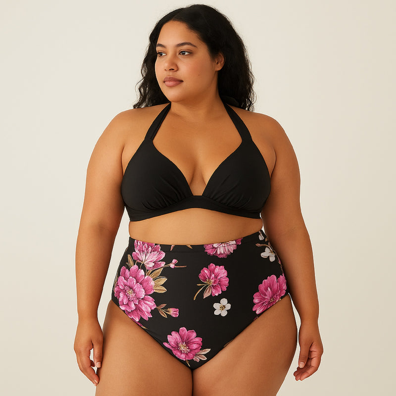 Floral Black High Waist Plus Size Bikini Set