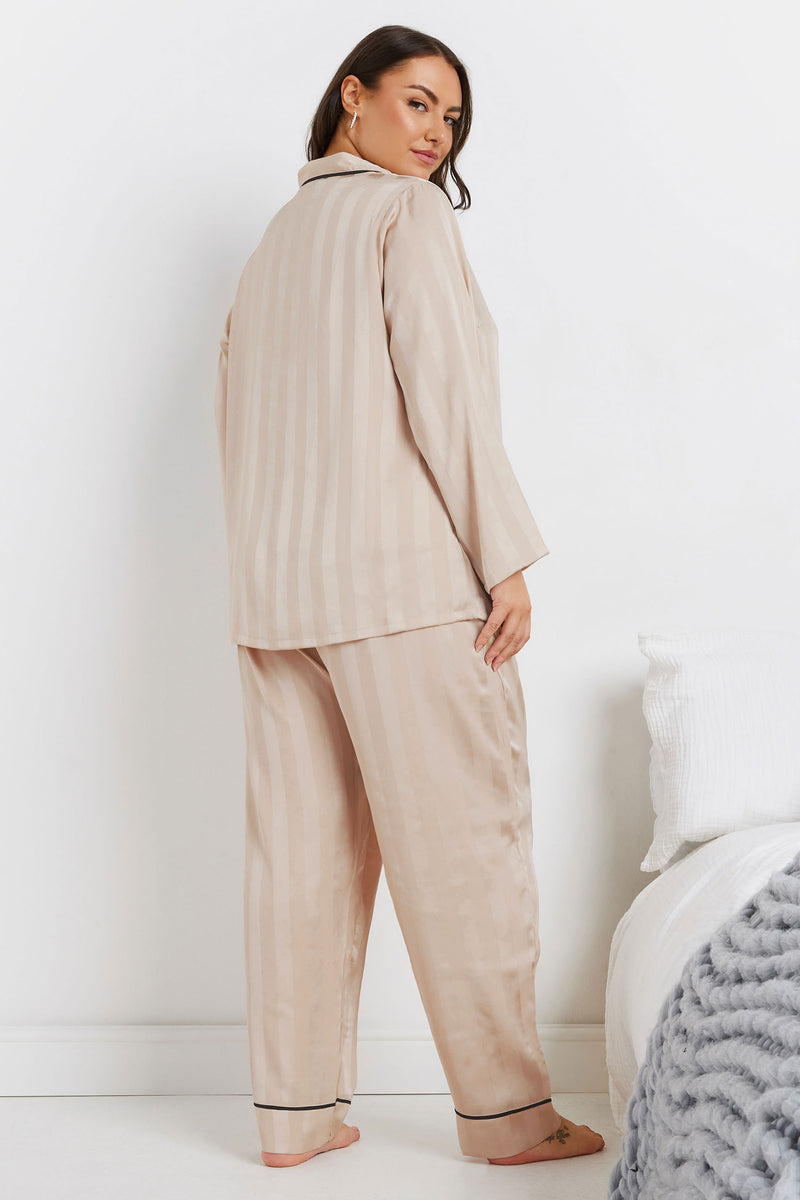 Plus Size Champagne Jacquard Stripe Satin Pyjama Set