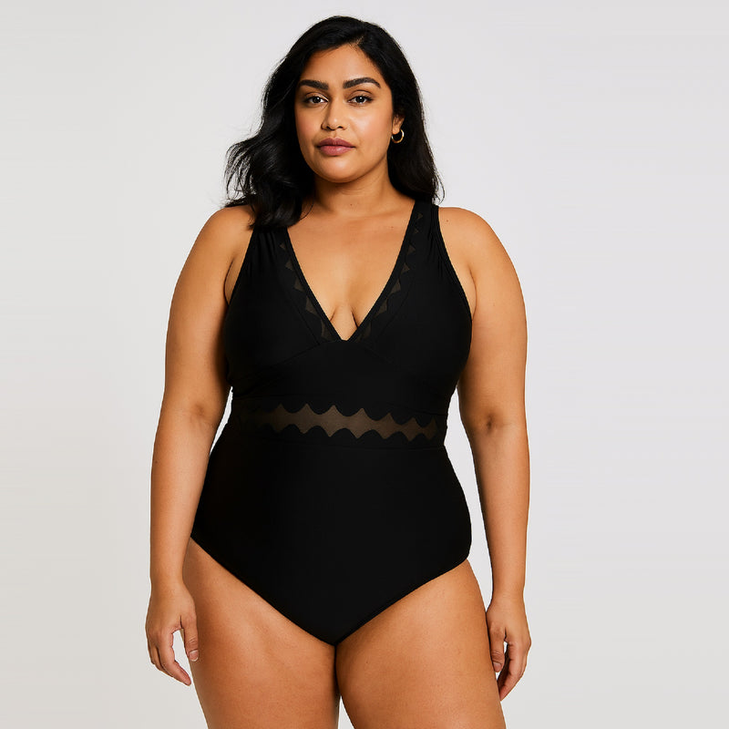 Black Mesh V-neck PLUS SIZE Monokini