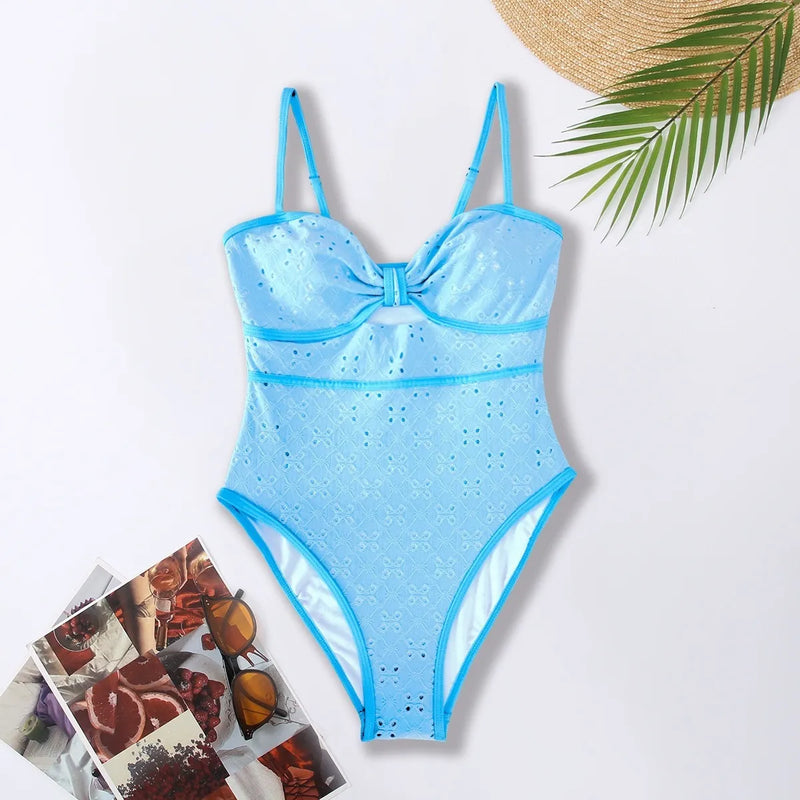 Eyelet Cutout & Contrast Trim Swimsuit
