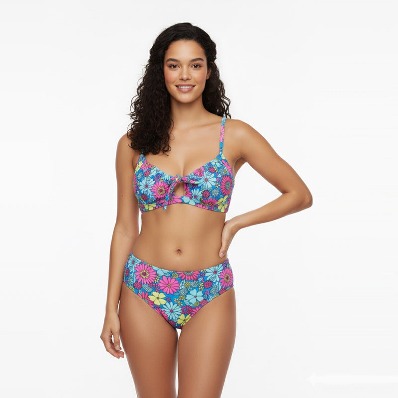 Floral Tie Front Bralette & Shirred Mid Rise Bikini Set