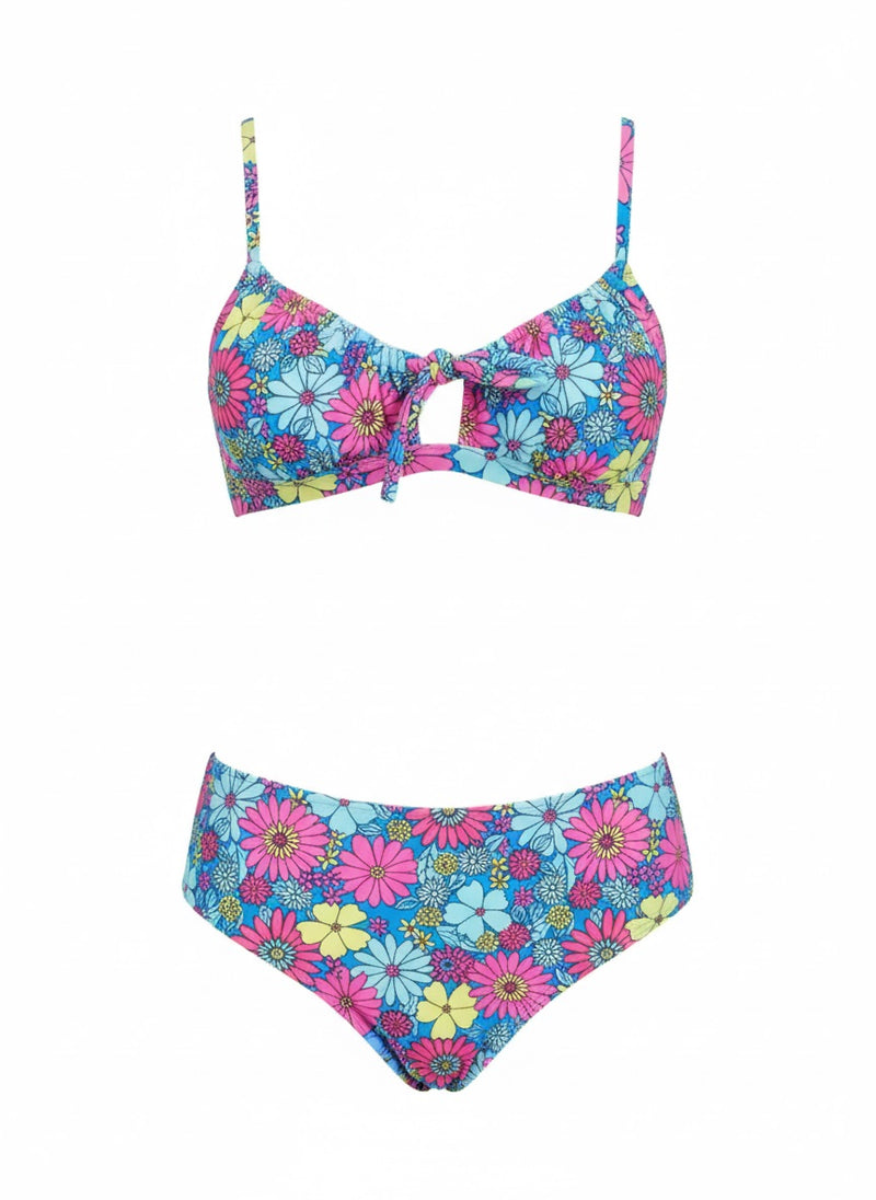 Floral Tie Front Bralette & Shirred Mid Rise Bikini Set