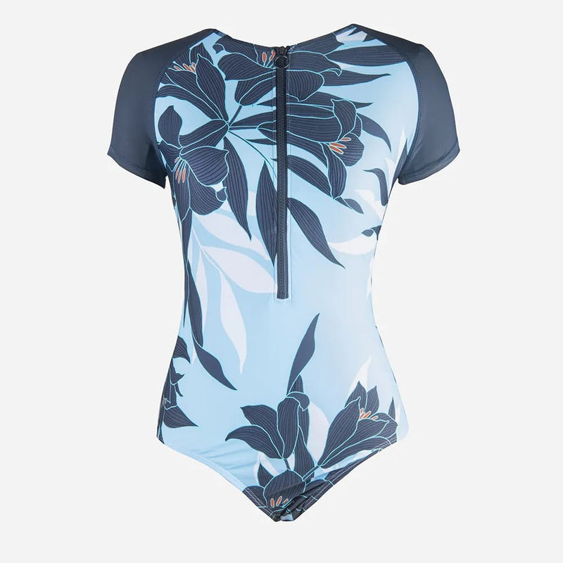 Tropical Print Zipper Short Sleeve Swimsuit