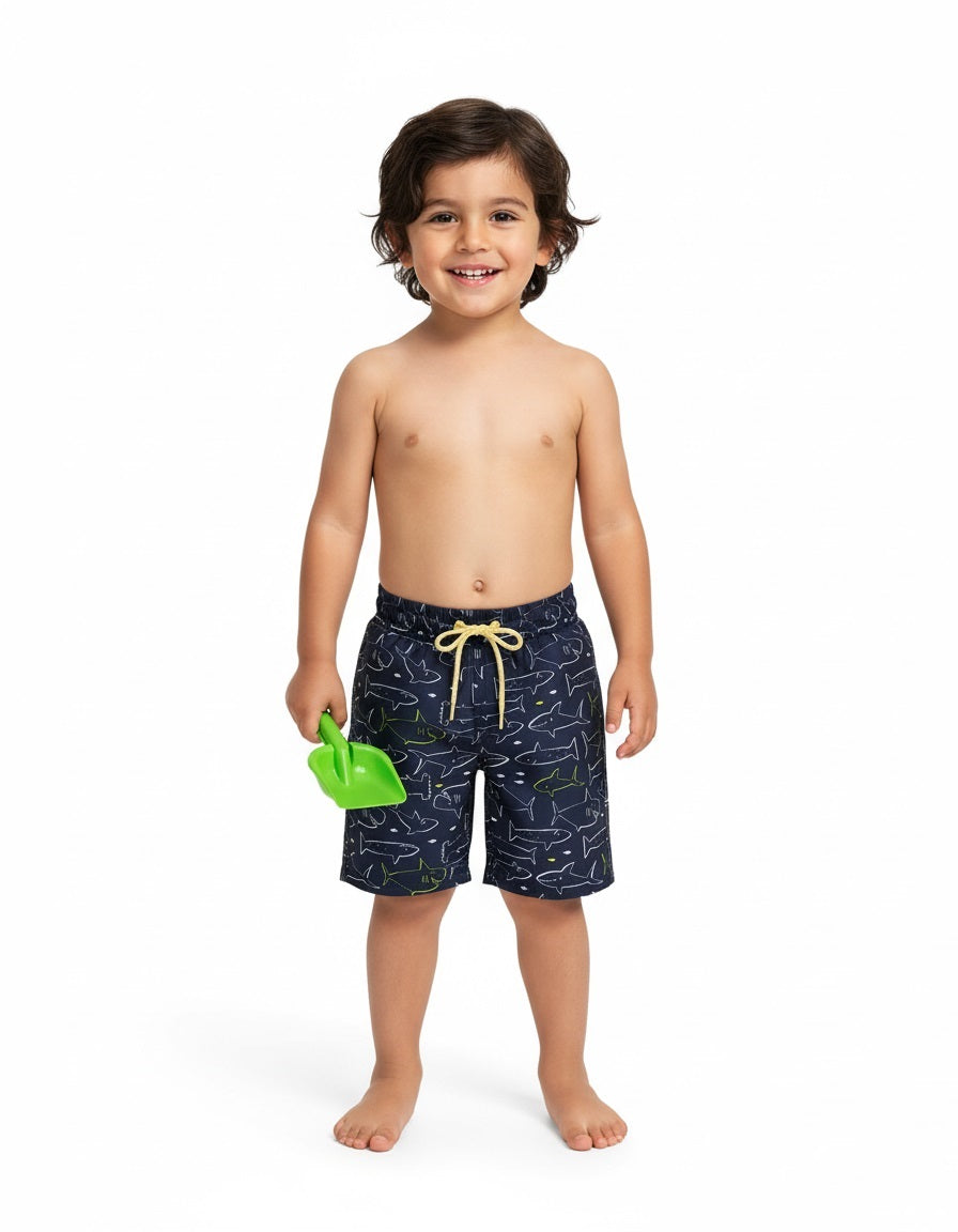 The Beach Company India - Shop for kids swim shorts online - Navy Shark Board Shorts - board shorts for young boys - printed boys swimwear