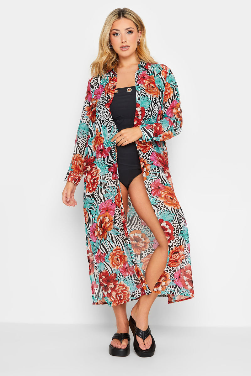 Floral Animal Print Longline Plus Size Beach Shirt