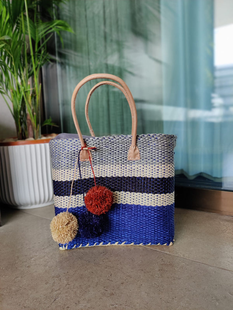 Earthy Striped Tote with Pompoms