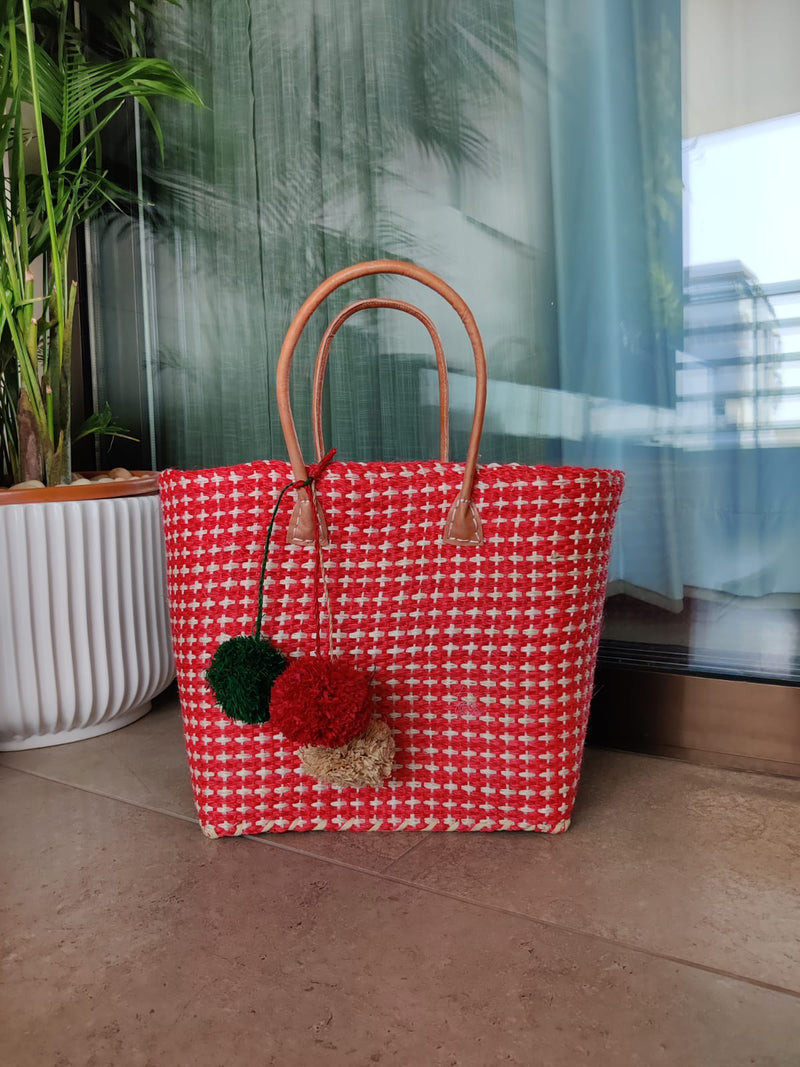 Red Tote with Pompoms
