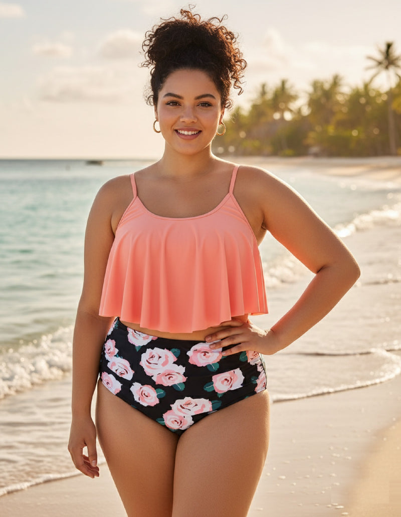 Flounce Ruffle Plus Size High Waisted Plus Size Bikini Set