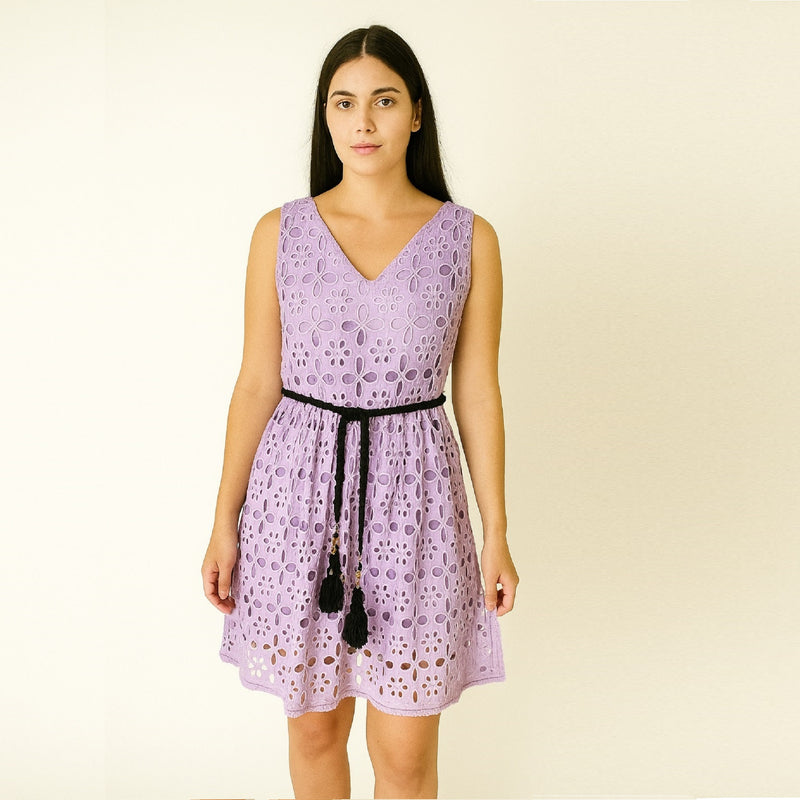 Purple sleeveless Eyelet Belted Dress
