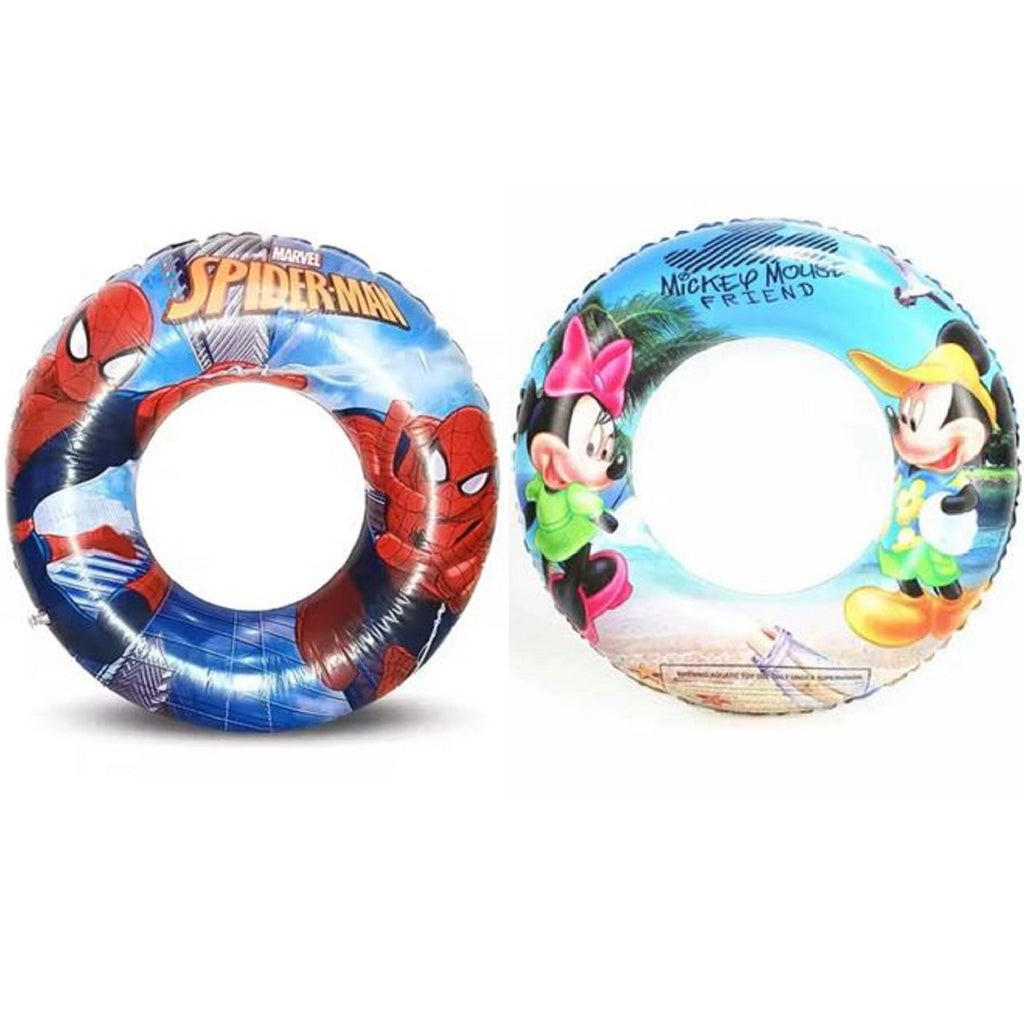 Two inflatable swim rings featuring Spider-Man and Mickey Mouse Print for learn to Swim