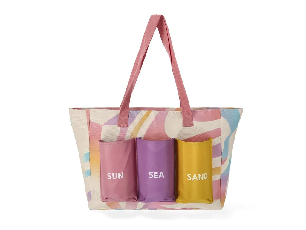 Colorful tote bag with 'SUN', 'SEA', and 'SAND' themed bottles on a white background