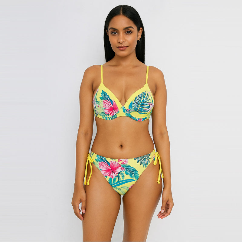 Woman wearing a colorful tropical print bikini against a white background - THE BEACH COMPANY - Shop Swimwear Online
